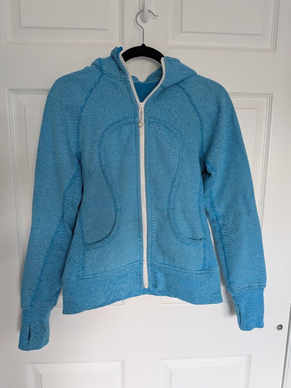 Rare LULULEMON Blue White Stripe Scuba Full Zip Hoodie Sweatshirt 16" P2P